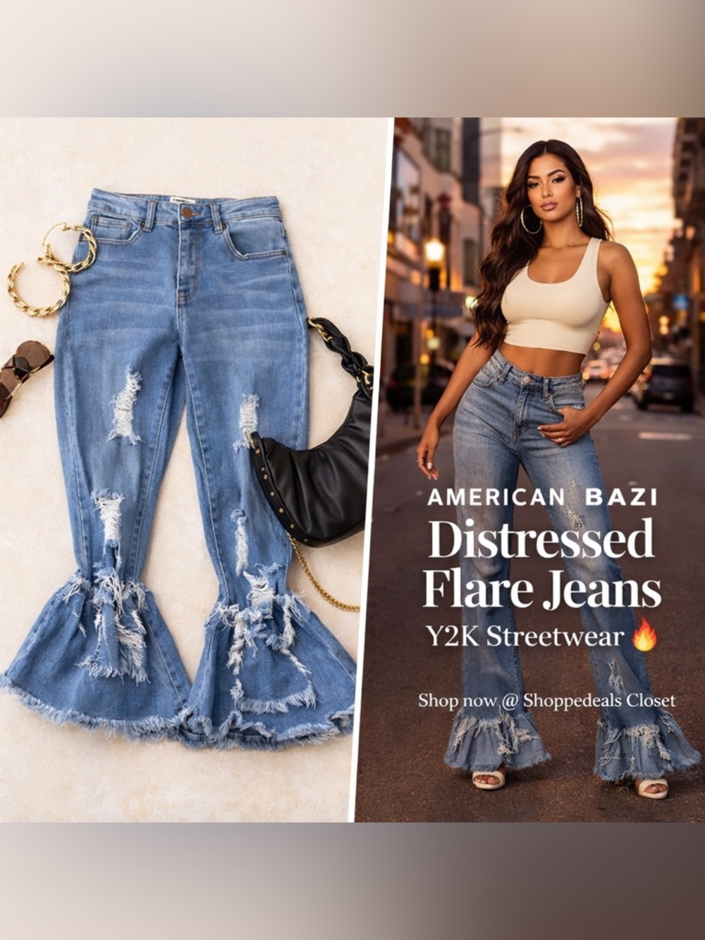 American Bazi High Waist Distressed Flare Jeans | Shirred Hem Statement Denim